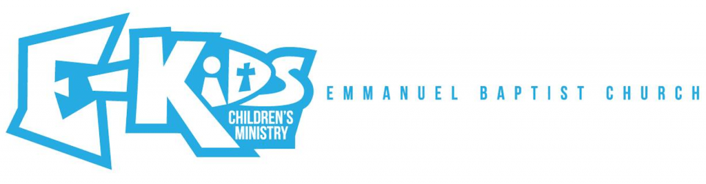 The E-Kids logo for Emmanuel Baptist, a Church in Manassas. It has a white background and uses a stylized font to say "E-Kids Children's Ministry Emmanuel Baptist Church"