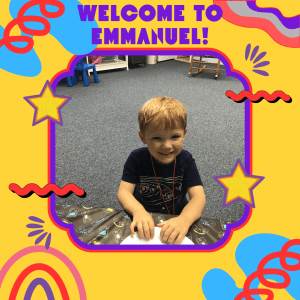 bright and happy picture of a smiling preschooler with the words "Welcome to Emmanuel!" on it