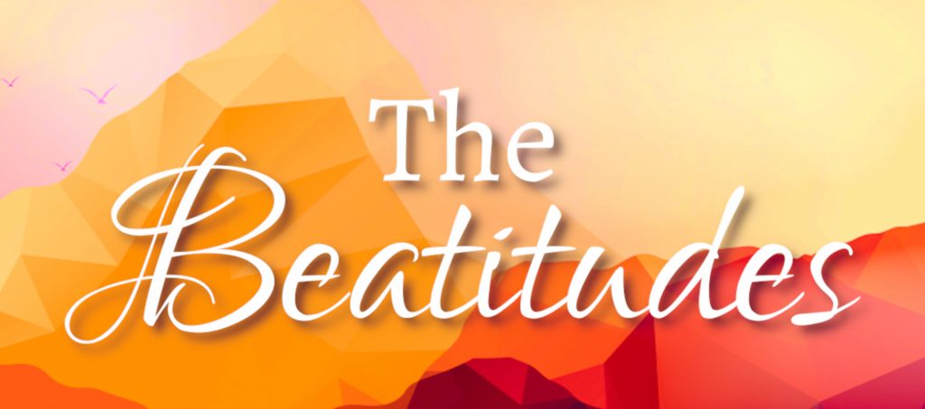 Geometric mountains in reds, organes, and yellows. Says, "The Beatitudes."