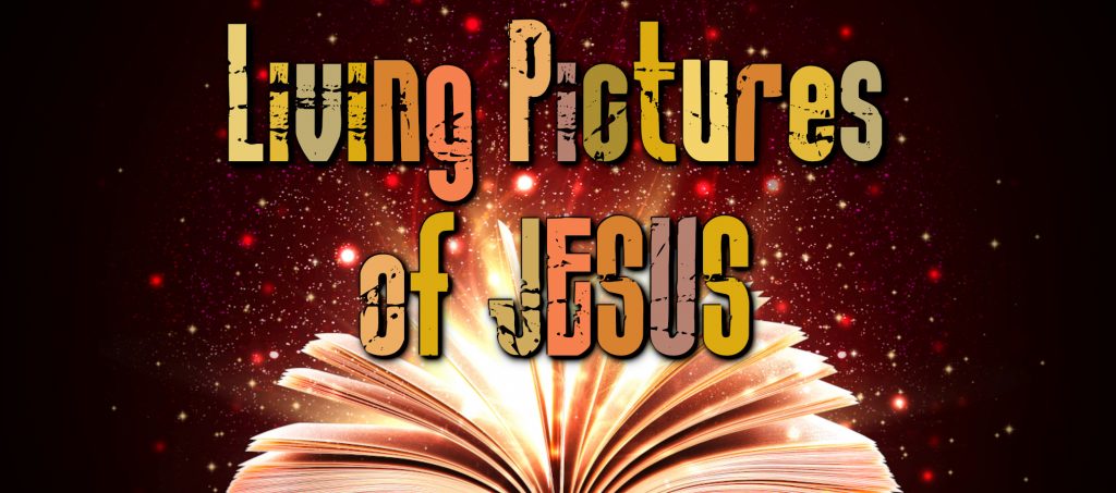 Red and brown background with sparkles. Has a Bible open with pages fanned out facing upward. Says, "Living Pictures of Jesus."