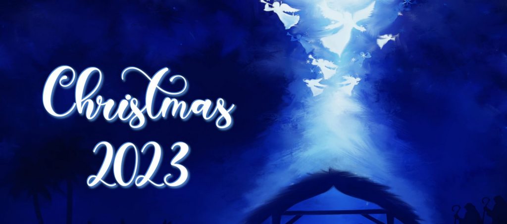 watercolor of the roof of a barn with dark blue sky and angels circling above the roof, says "Christmas 2023"