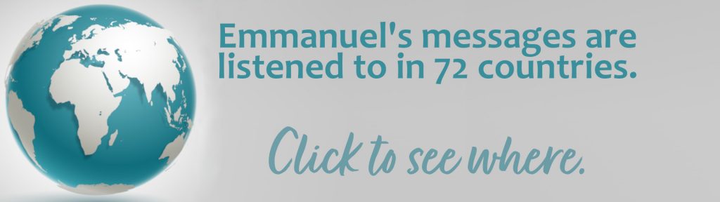 Globe background with words, "Emmanuel's messages are listened to in 72 countries. Click to see where."