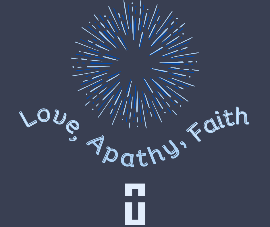 blue-gray background with blue starburst, church logo, and blog title "Love, Apathy, Faith"