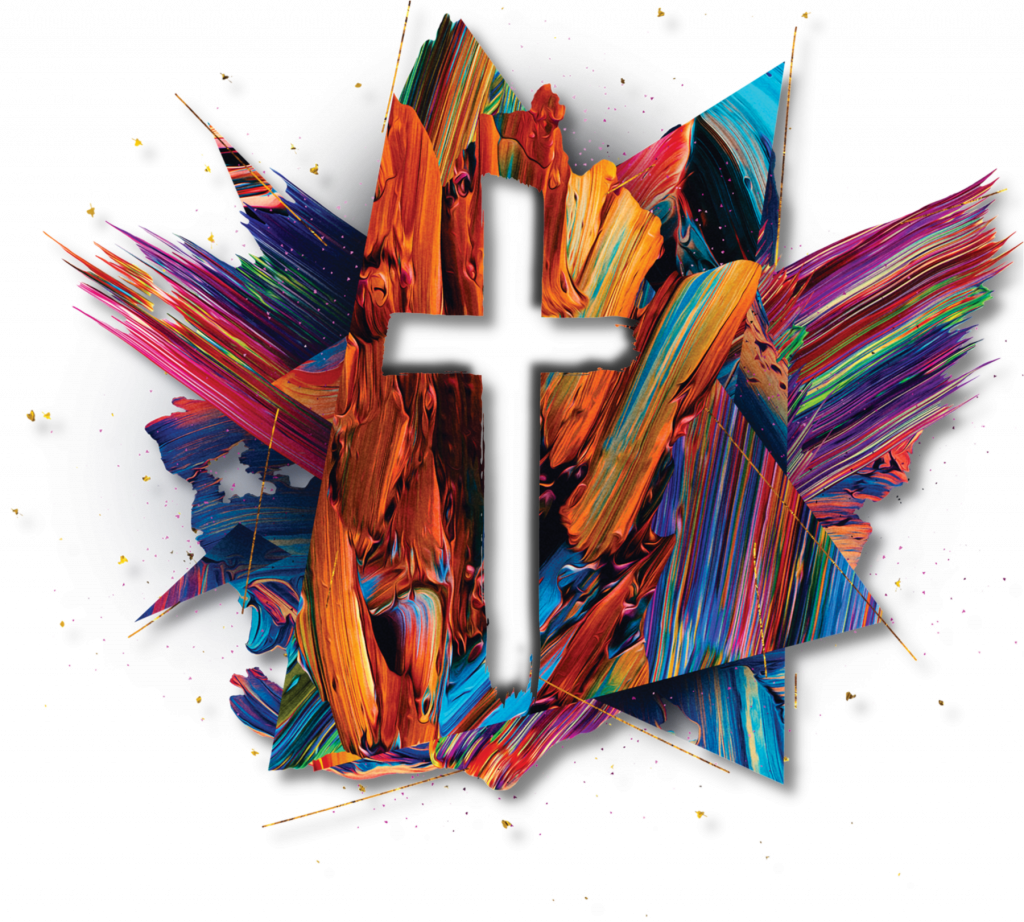 Geometrical multi-colored splash of paint with cross cut out in the middle; log for Easter 2024 at Emmanuel Manassas