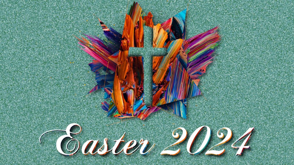 Easter 2024 Sermon series graphic for Emmanuel, a Baptist church in Manassas, VA. It has a marbled teal/green background with a multiple swatches of splashed color overlayed over each other with a cross carved out of the paint and has the words "Easter 2024" at the bottom.