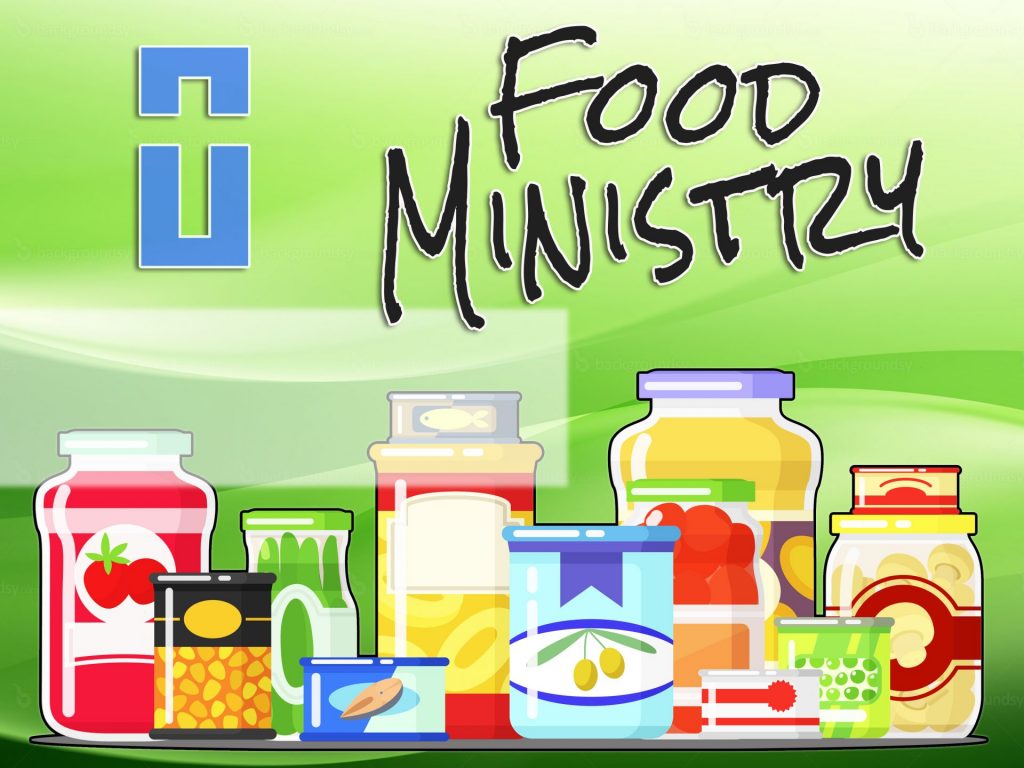 bright green background with jars and cans of food, says "Food Ministry." Also has logo for Emmanuel Baptist Church Manassas.