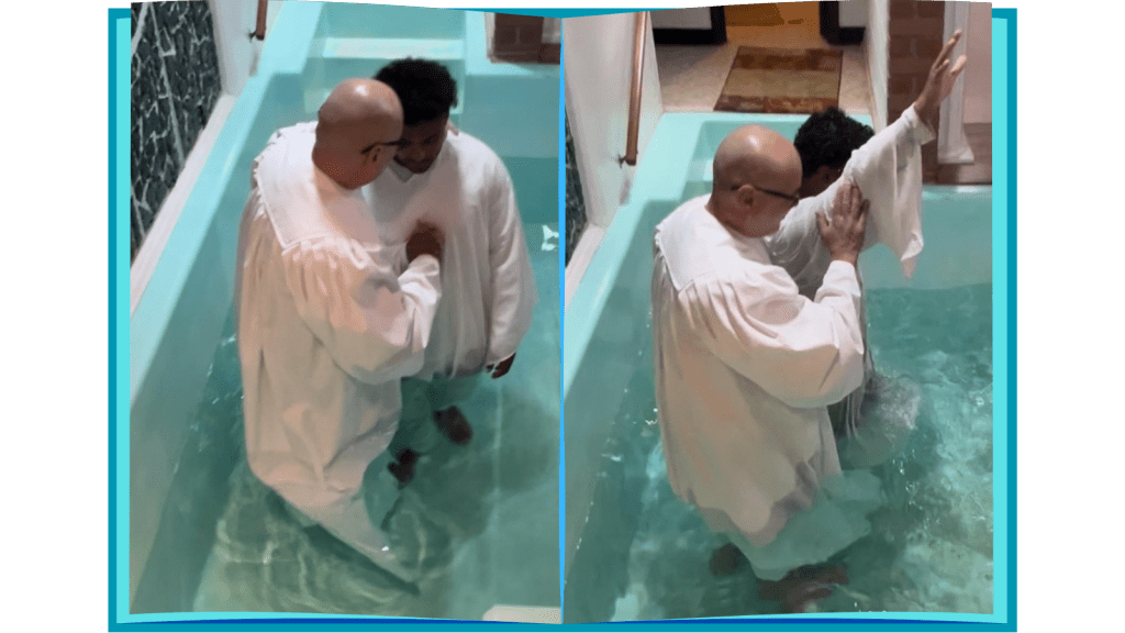 image of an open book, the page on the left is a photo of Pastor Tim Ma speaking with a young man prior to baptism; the photo on the right is a photo of the young man raising his arm in celebration following his baptism