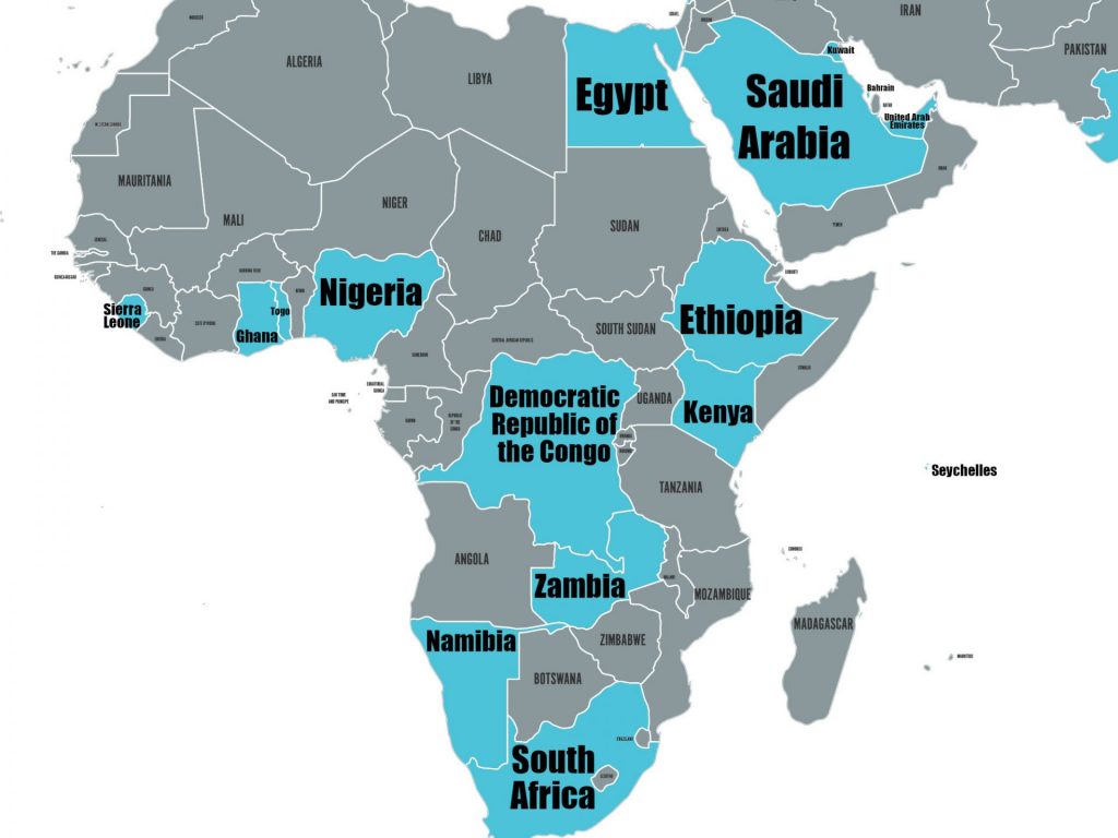 Map of which countries in and near Africa are listening to the sermons from Emmanuel Church in Manassas.