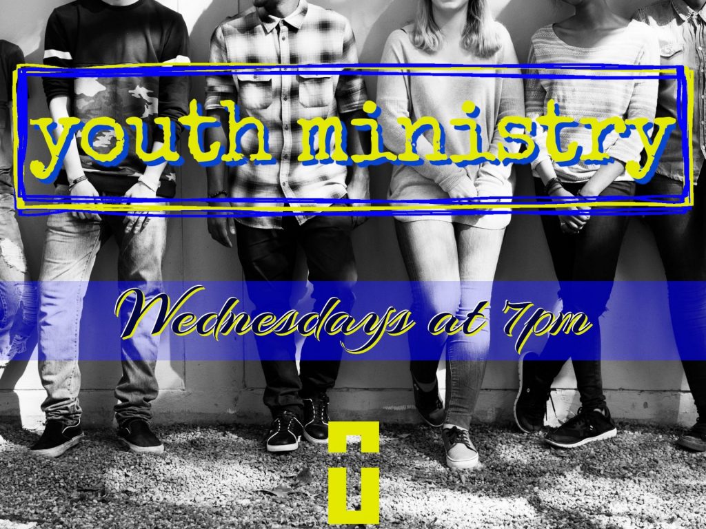 black and white photo of a group of teens lined up and leaning against a wall; says "youth ministry" in bright yellow and blue with "Wednesdays at 7pm" below that; picture for youth group