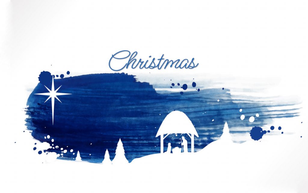 white background with blue watercolor splash across the page; in the negative/white space, you see a manger, trees, and a shining star. Says "Christmas"