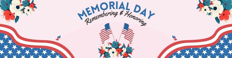 light pink background with stars and stripes decorations plus two American flags and memorial flowers, says "Memorial Day: Remembering & Honoring."