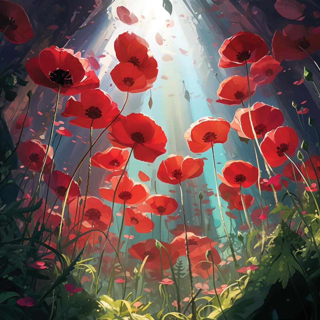 picture of a forest floor, looking up; greenery, trees, and red flowers with the bright sky above