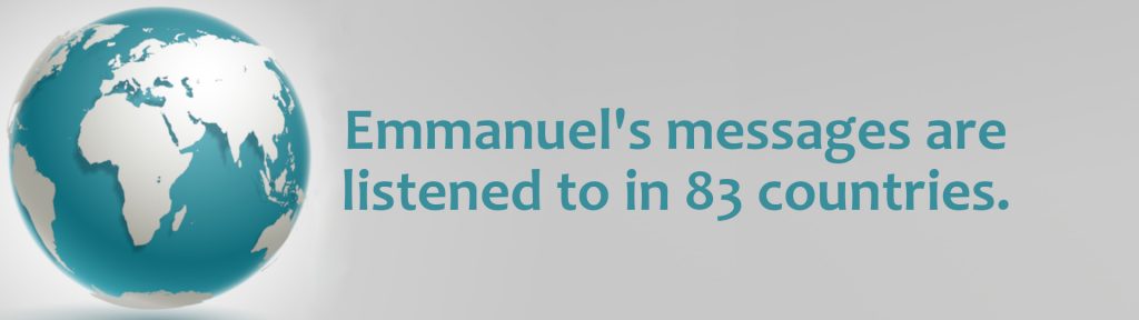 globe in teal and silver, says "Emmanuel's messages are listened to in 83 countries."